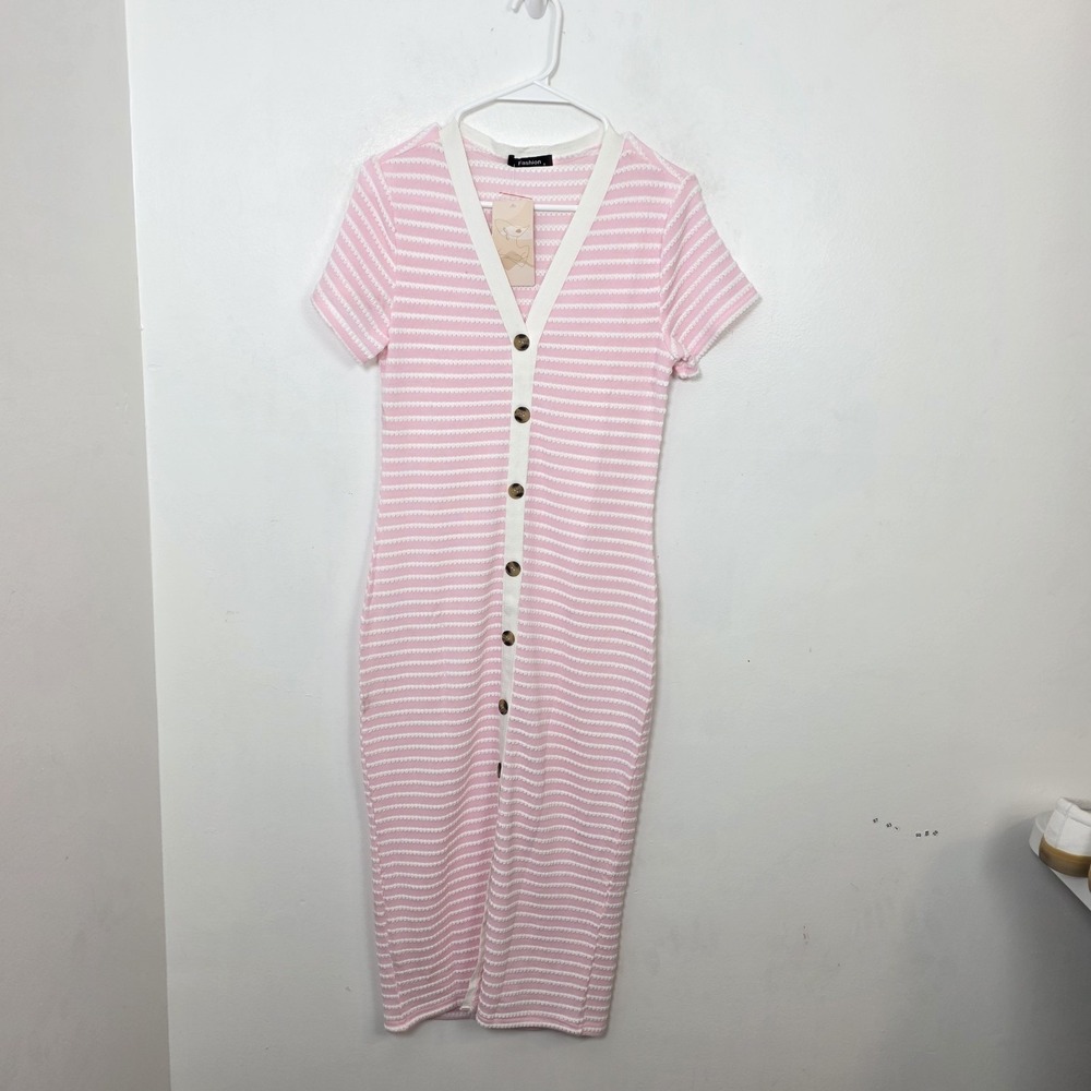 NEW Fashion Pink White Striped Button Up Girly Cutesy Midi Dress Size Small